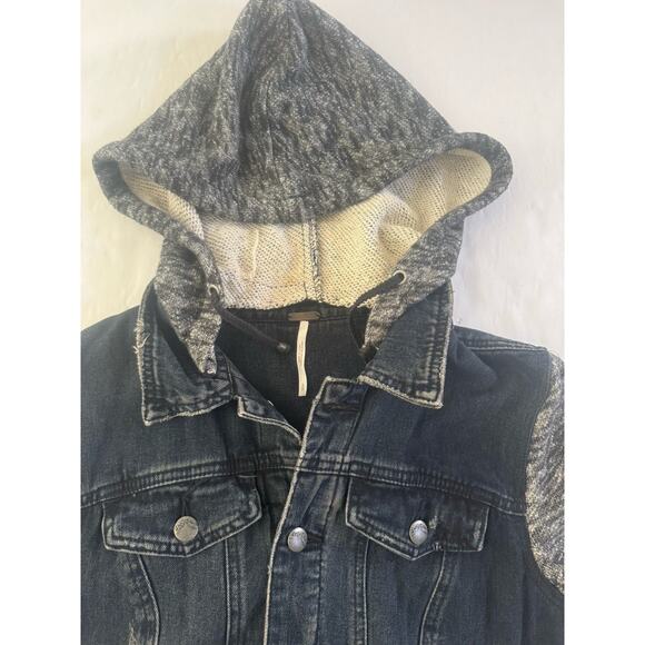 Free People Small Black Jean Jacket Distressed Removable Hood Knit Sleeves #5866 - Picture 4 of 11